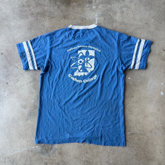 VINTAGE 90S SCIENCE OLYMPAID GOSHEN COLLEGE RINGER T-SHIRT GRAPHIC MENS LARGE - Picture 3 of 5